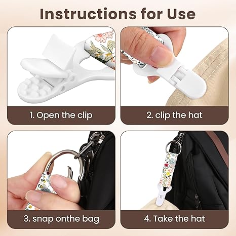 2 pcs hat clip for travel on bag, beach vacation essentials, essential accessories for travel handbags, backpacks and luggage (White flowers)